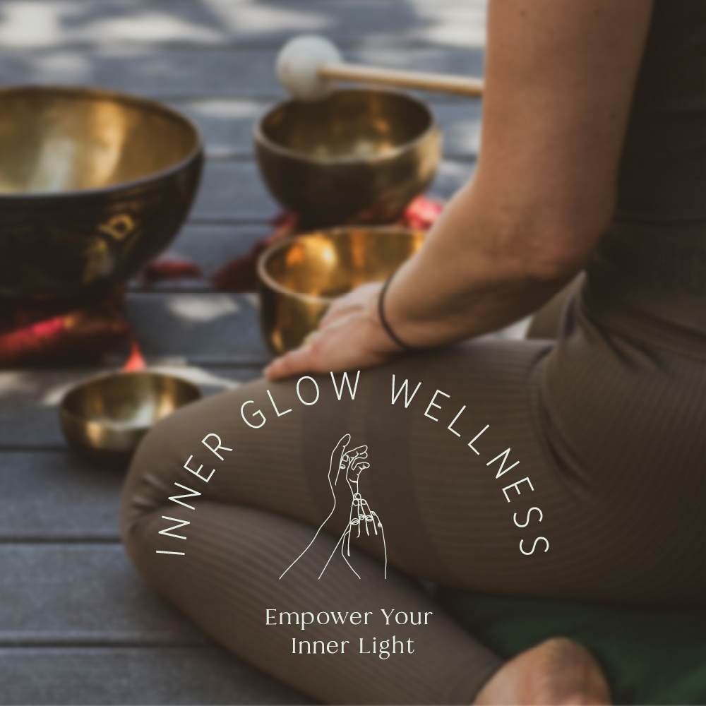 Logo design for Inner Glow Wellness with fine line hand illustrations, tagline Empower your Inner Light, overlaid onto photo of back of sitting woman with sound healing bowls before her on the ground.