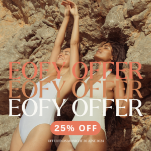 Two women in white bathers stretched out on beachy rocks with EOFY OFFER text overlaid onto image. 25% off graphic also on image.