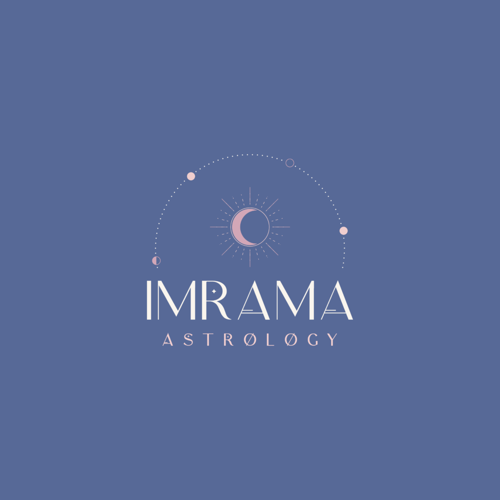 Imrama Astrology Logo Design on purply blue background, with delicate moon cycle arc above lettering and pink moon symbol in the centre.