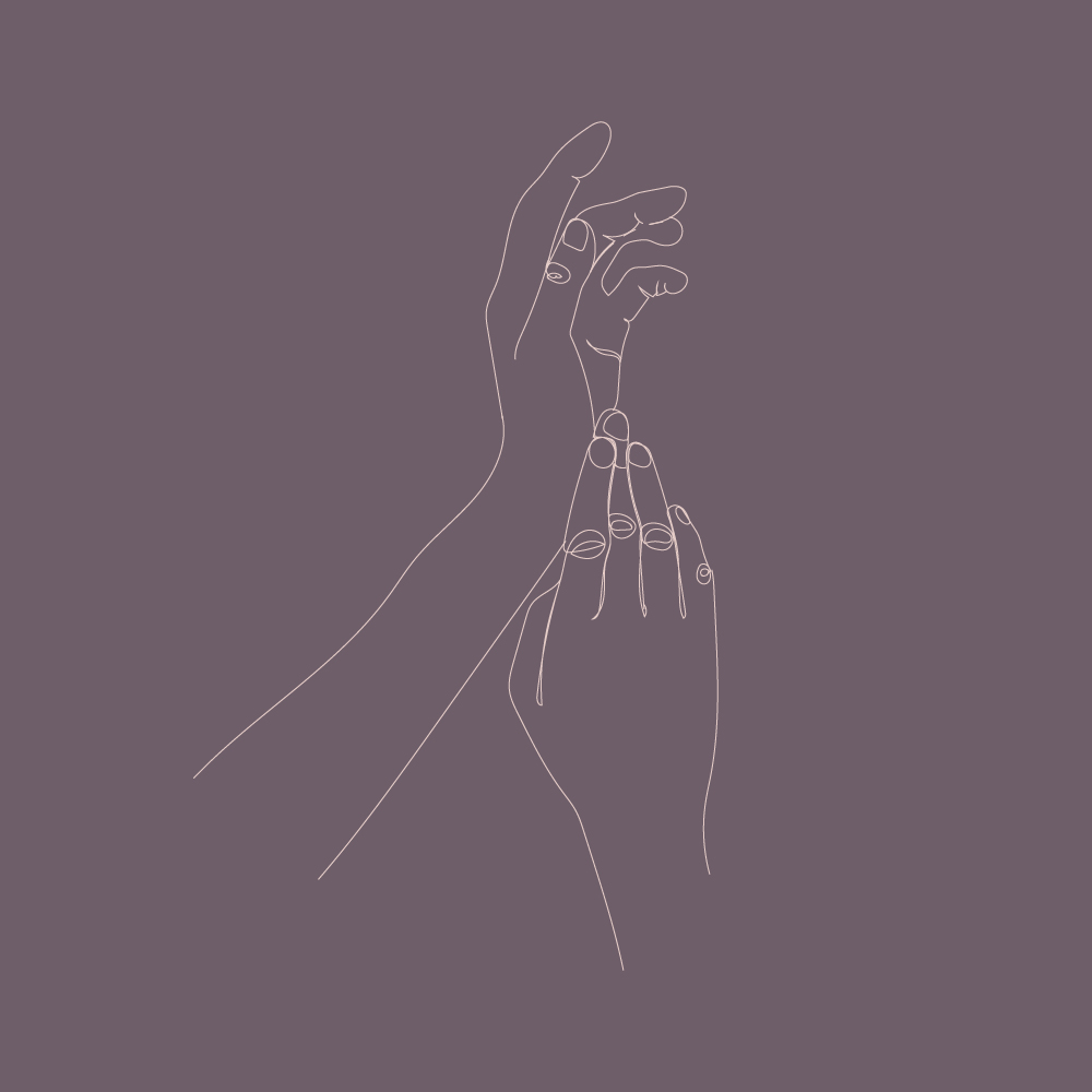 Fine line illustration of female hands touching and reaching upwards