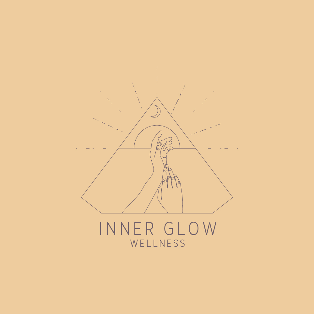 Illustrated logo with two feminine hands touching, in front of a half sun on a horizon in a Cyrstal shaped frame.  The logo text reads "Inner Glow Wellbeing"