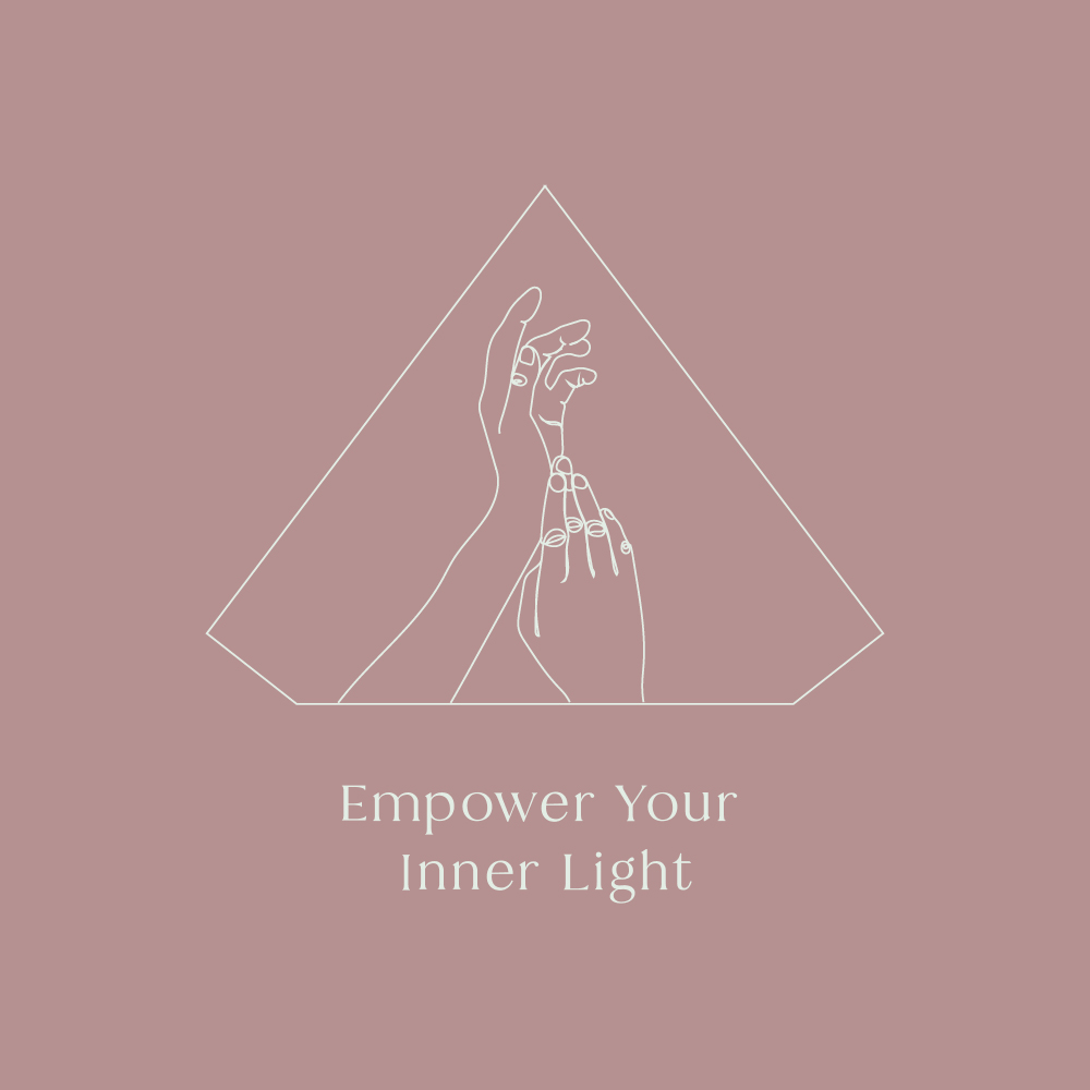 Illustrated logo with two feminine hands touching in a Cyrstal shaped frame. Dusty pink background. The logo text reads "Empower Your Inner Light"